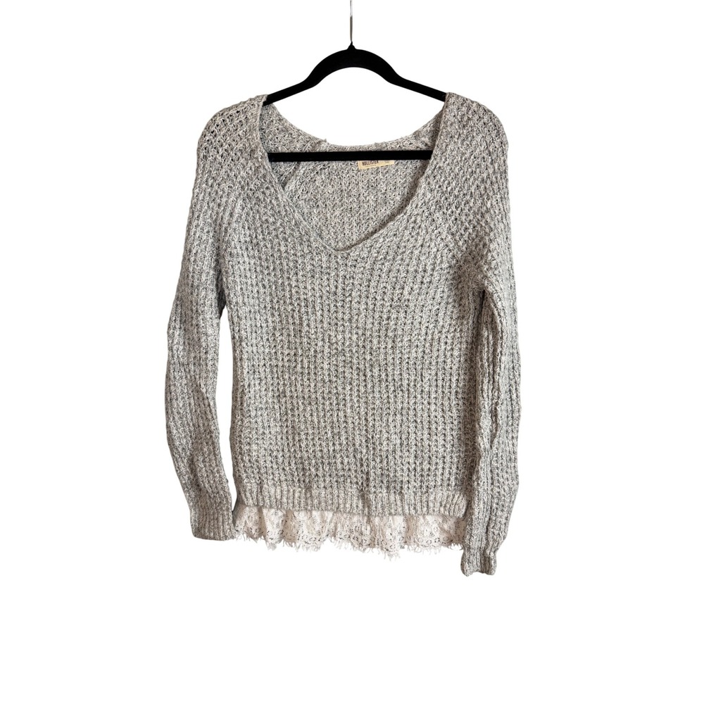HOLLISTER Womens S Gray V Neck Chunky Knit Sweater Lace Hem Cotton Blend